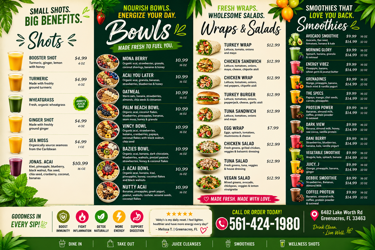 Menu board at Abby's Juice Bar, Greenacres FL