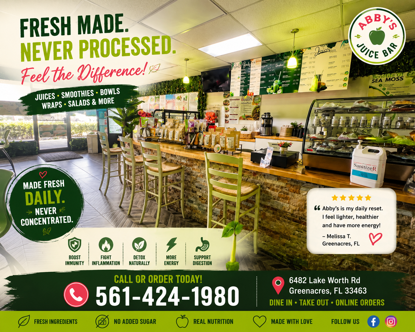 Chicken wrap with fresh vegetables at Abby's Juice Bar Greenacres